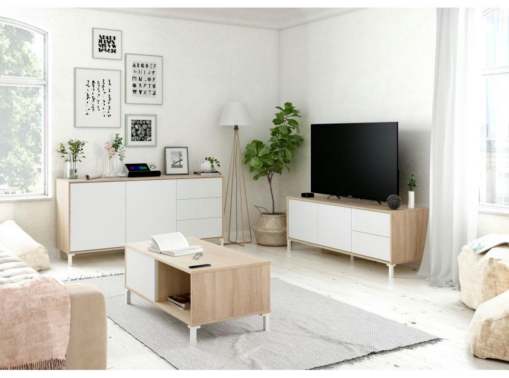 AMAYA - Table basse 2 Niches L100cm - Blanc / Bois