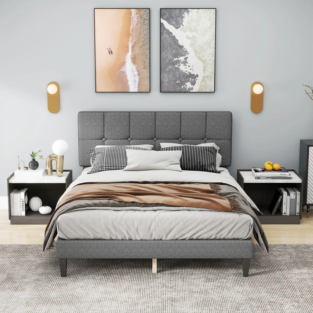 Full Size Platform Bed Frame with Fabric Upholstered Headboard and Wooden Slats Support, No Box Spring Needed/Easy Assembly