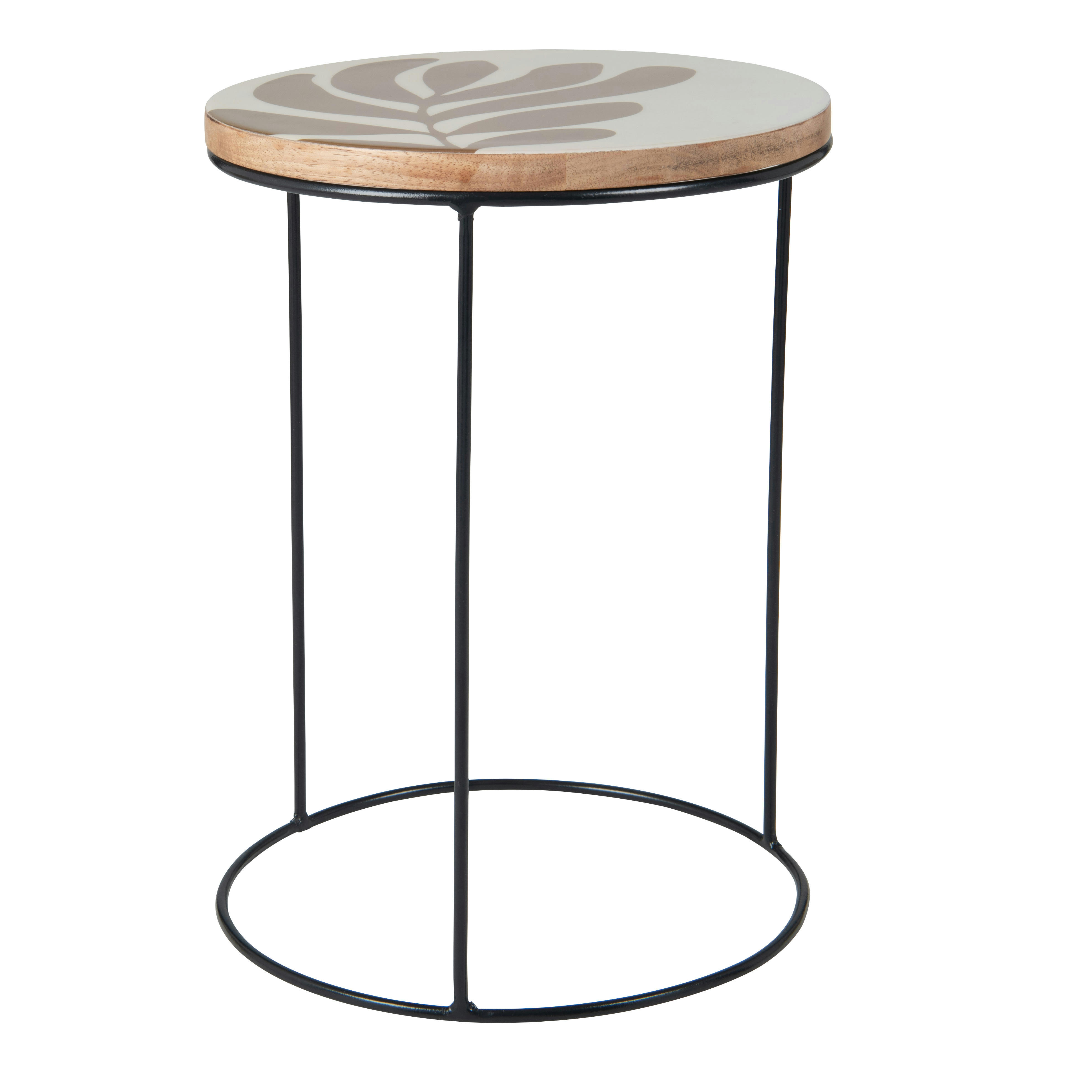 JONAVA - Bout de canapé en bois de manguier et fer noir, imprimé feuille marron