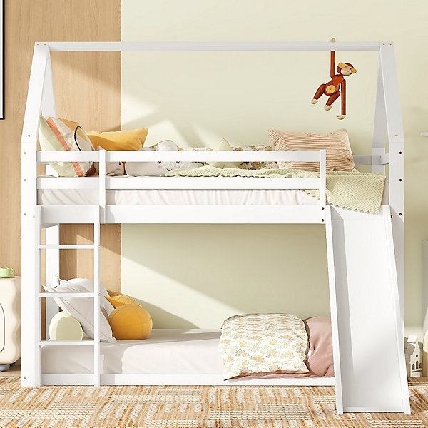 Lit Superposé 90 x 200 cm - Lit enfant avec Toboggan et échelle - Pin   MDF - Sans Matelas - Blanc