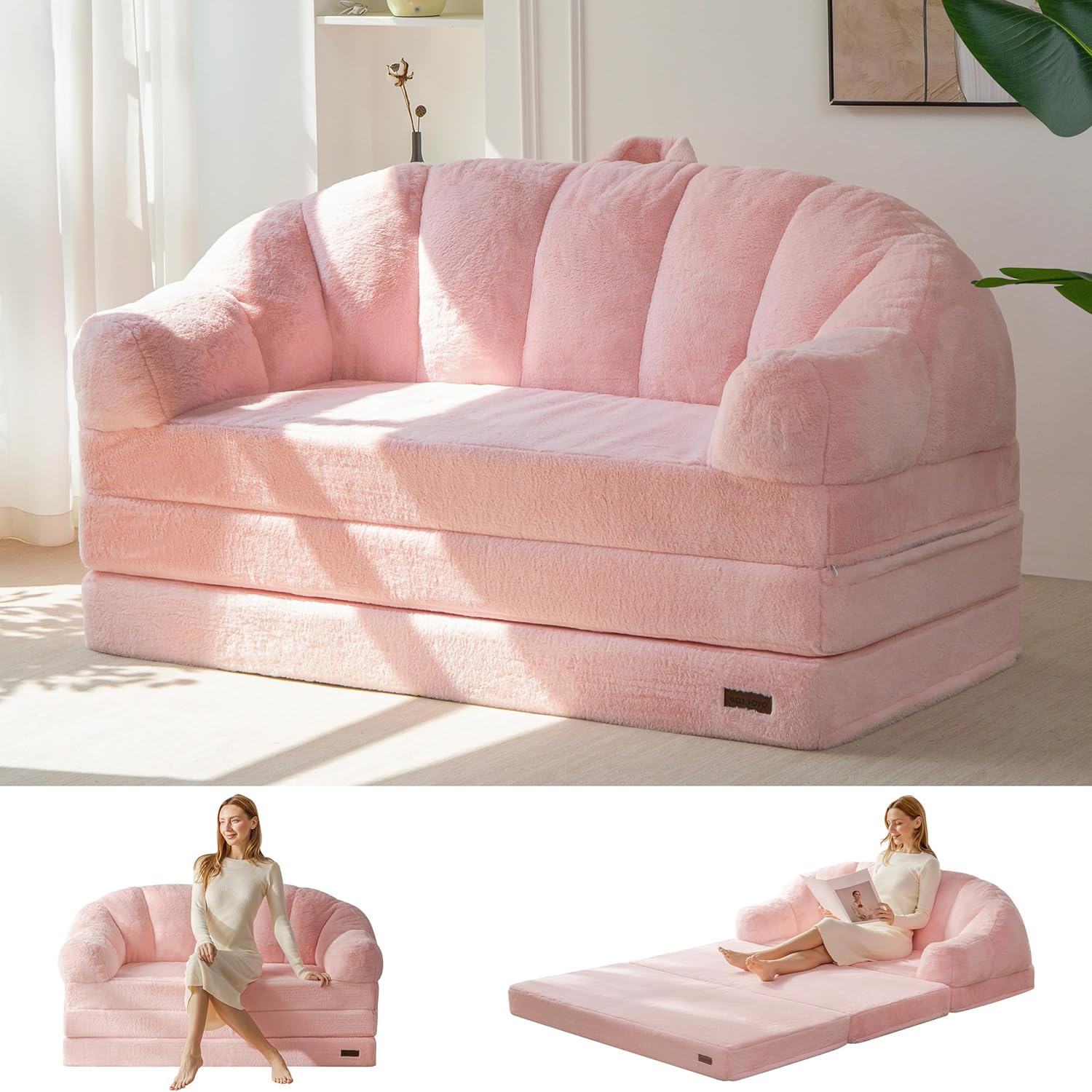 MAXYOYO Folding Sofa Bed, 2 in 1 Convertible Sofa to Lounger Comfy Loveseat Bean Bag Chair for Adults, Floor Sleeper Couch with Handle, Faux Fur Couch Bed for Living Room Bedroom, Pink, Loveseat
