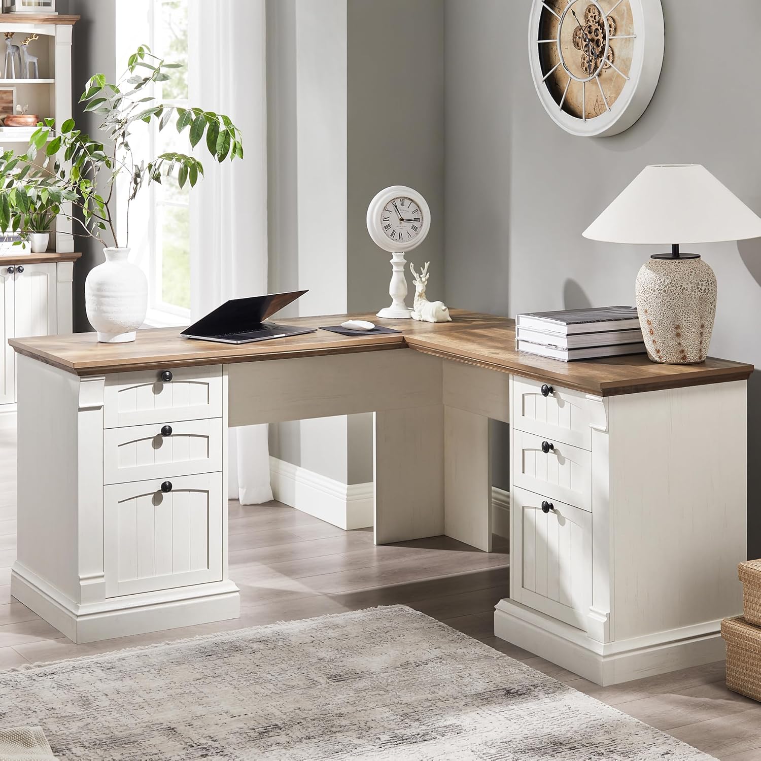 OKD 60 L Shaped Executive Desk with Drawers, Farmhouse Home Office Desk with Charging Station, File Cabinet Storage, Wood Corner Computer Desk for Work and Study, Antique White