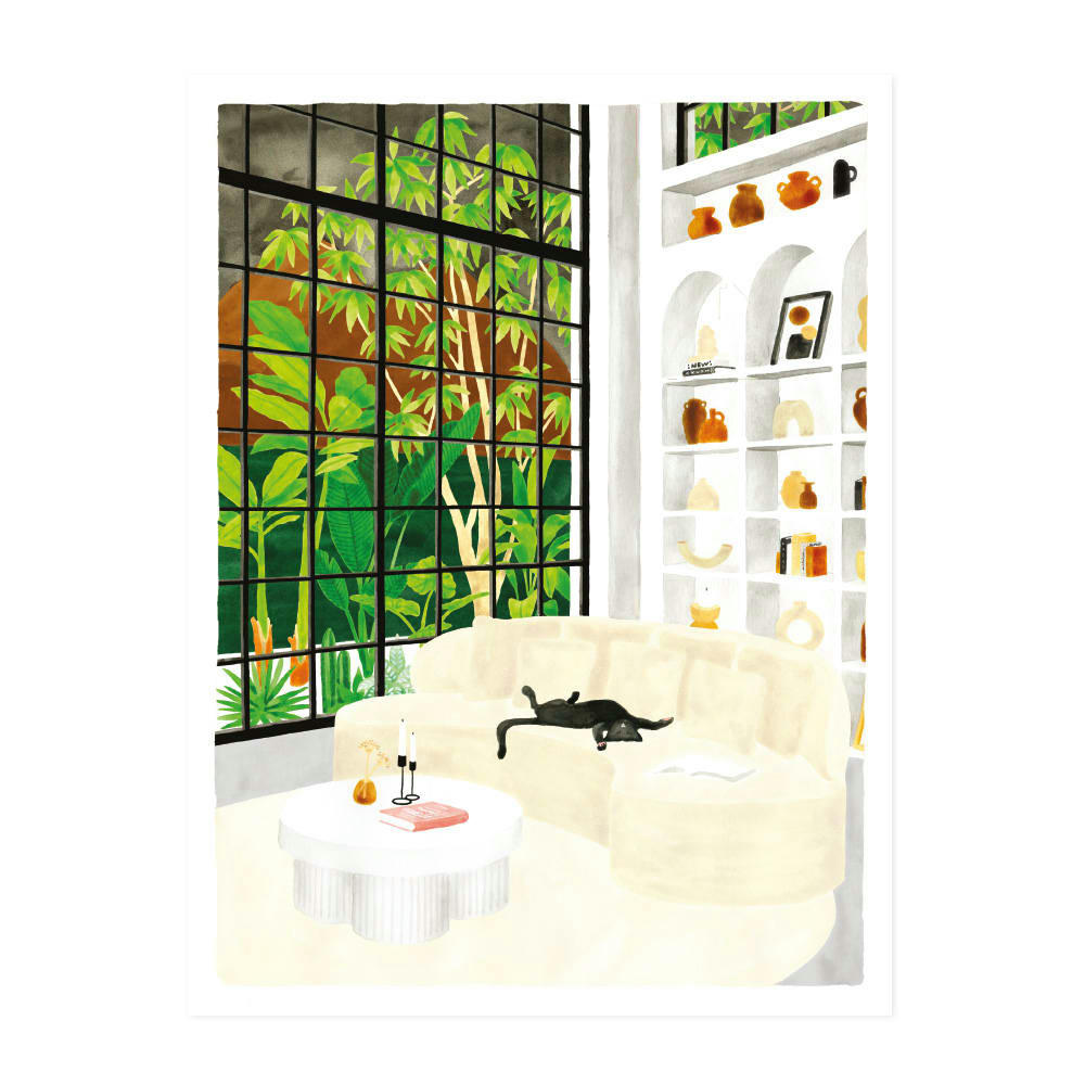 - Affiche illustrée d’un chat dans un salon moderne 30x40 cm