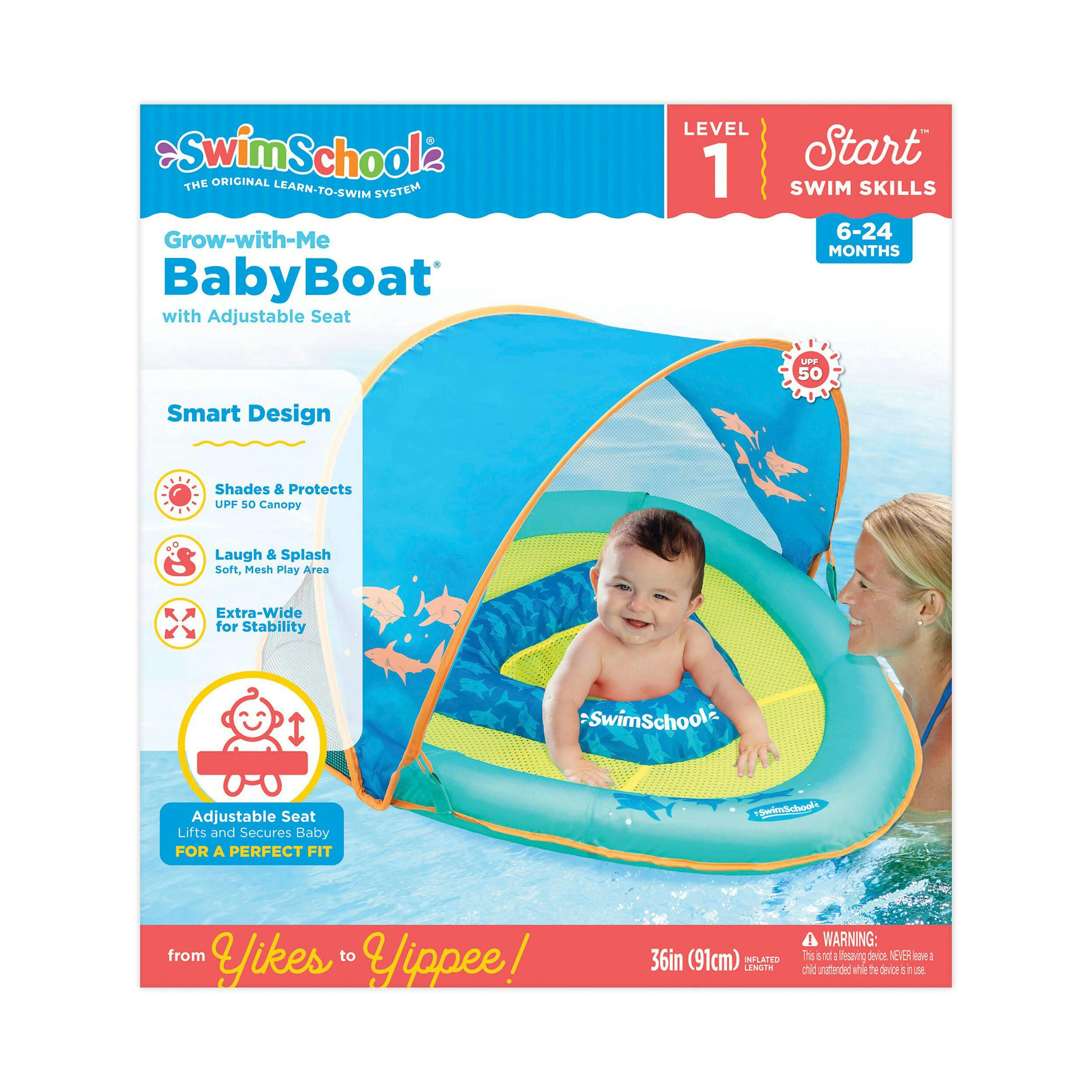 SwimSchool Grow-with-Me Inflatable UV-Protected Baby Swim Float/Boat with Canopy, Blue, Ages 6-24 months