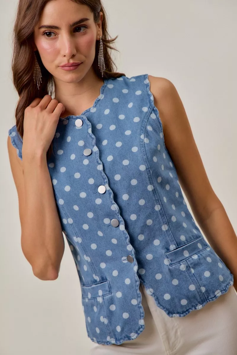 Polka Dot Denim Scallop Edge Button Down Vest Top