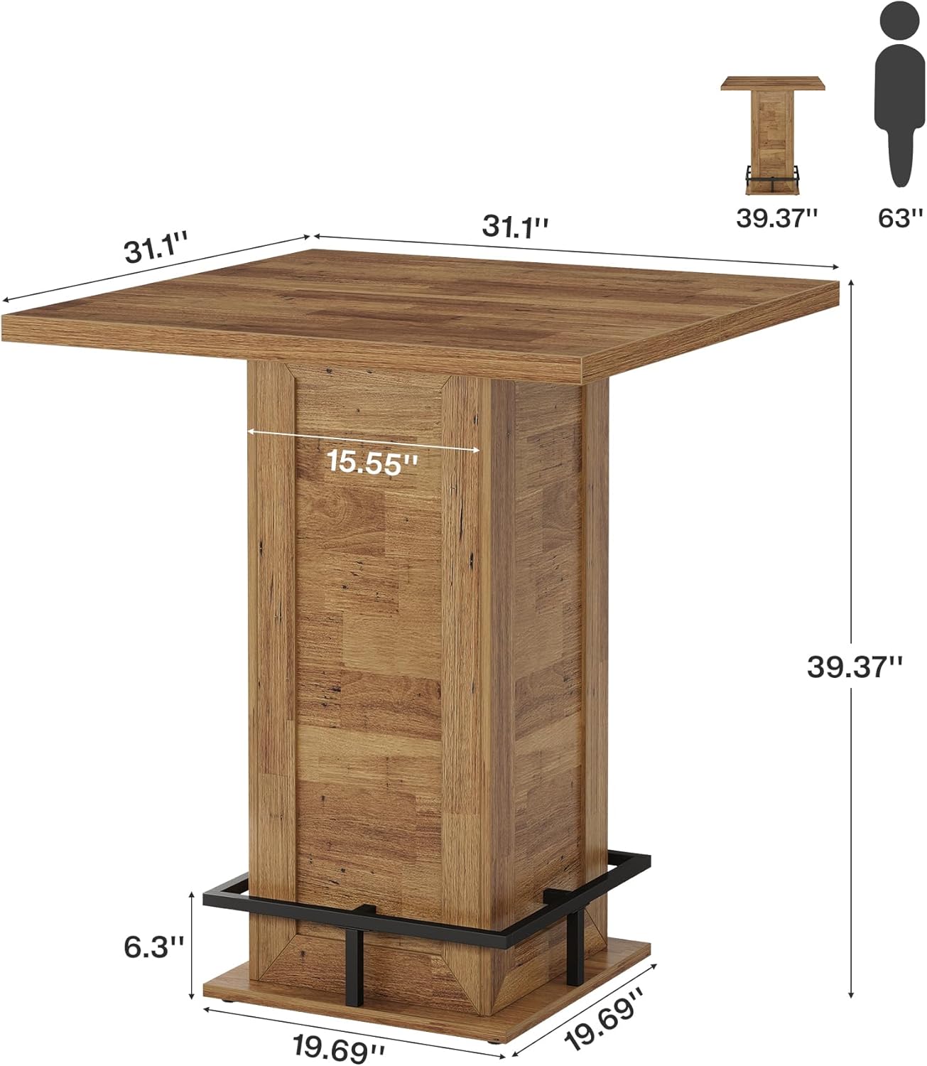 Tribesigns 39.4 H Square Bar Table, Industrial High Top Bistro Pub Cocktail Table with Metal Footrest for Kitchen Nook, Home Bar, Small Bars, Rustic Brown (Table Only)