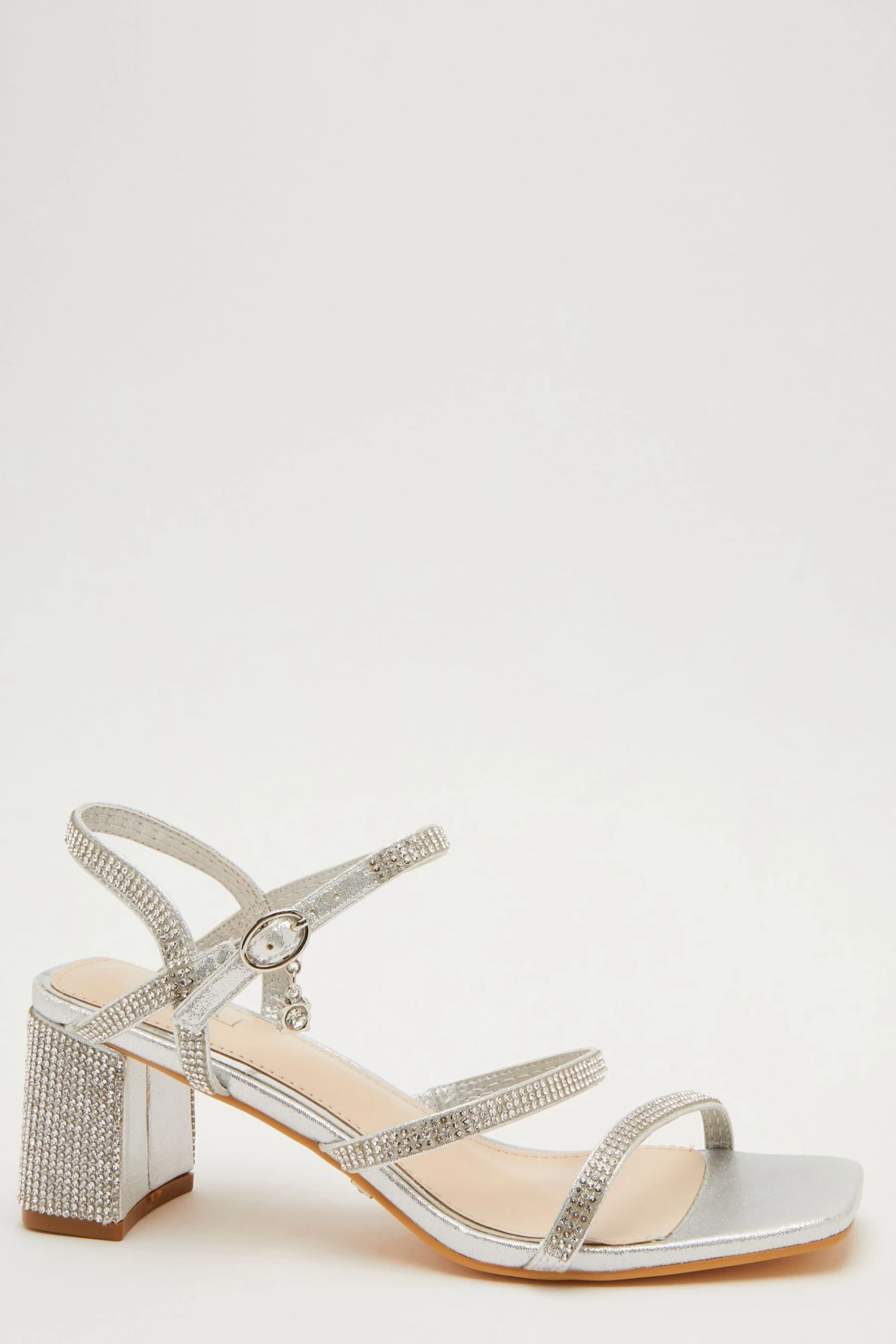Quiz Silver Diamante Three Band Block Heel Sandals