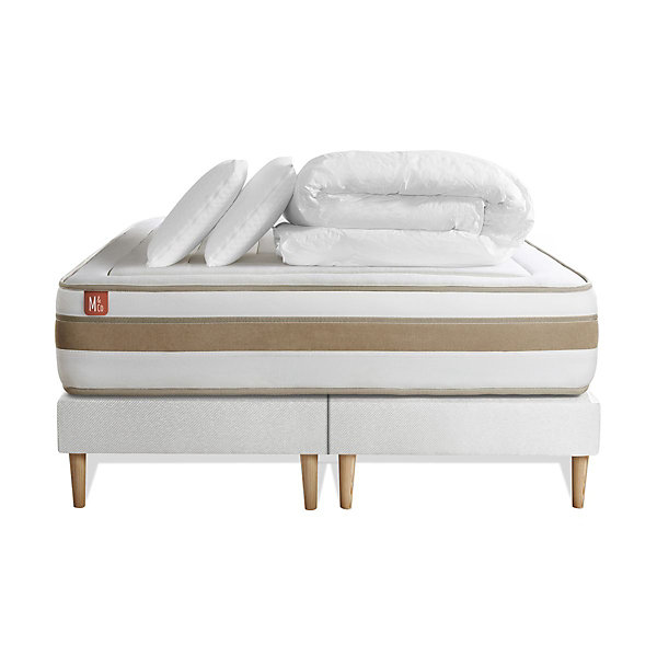 Pack sommier tapissier matelasRessorts ensachés et mémoire de forme avec couette et oreillers