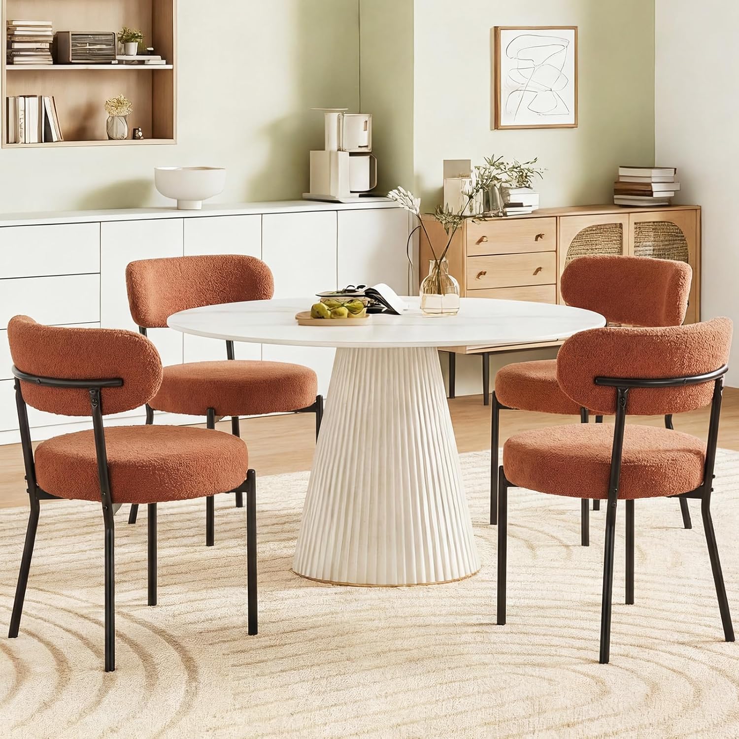 DUMOS Dining Chairs Set of 4, Mid Century Modern Chair Round Upholstered Curved Backrest, Kitchen Vanity Living Room Chairs with Black Metal Legs, Orange