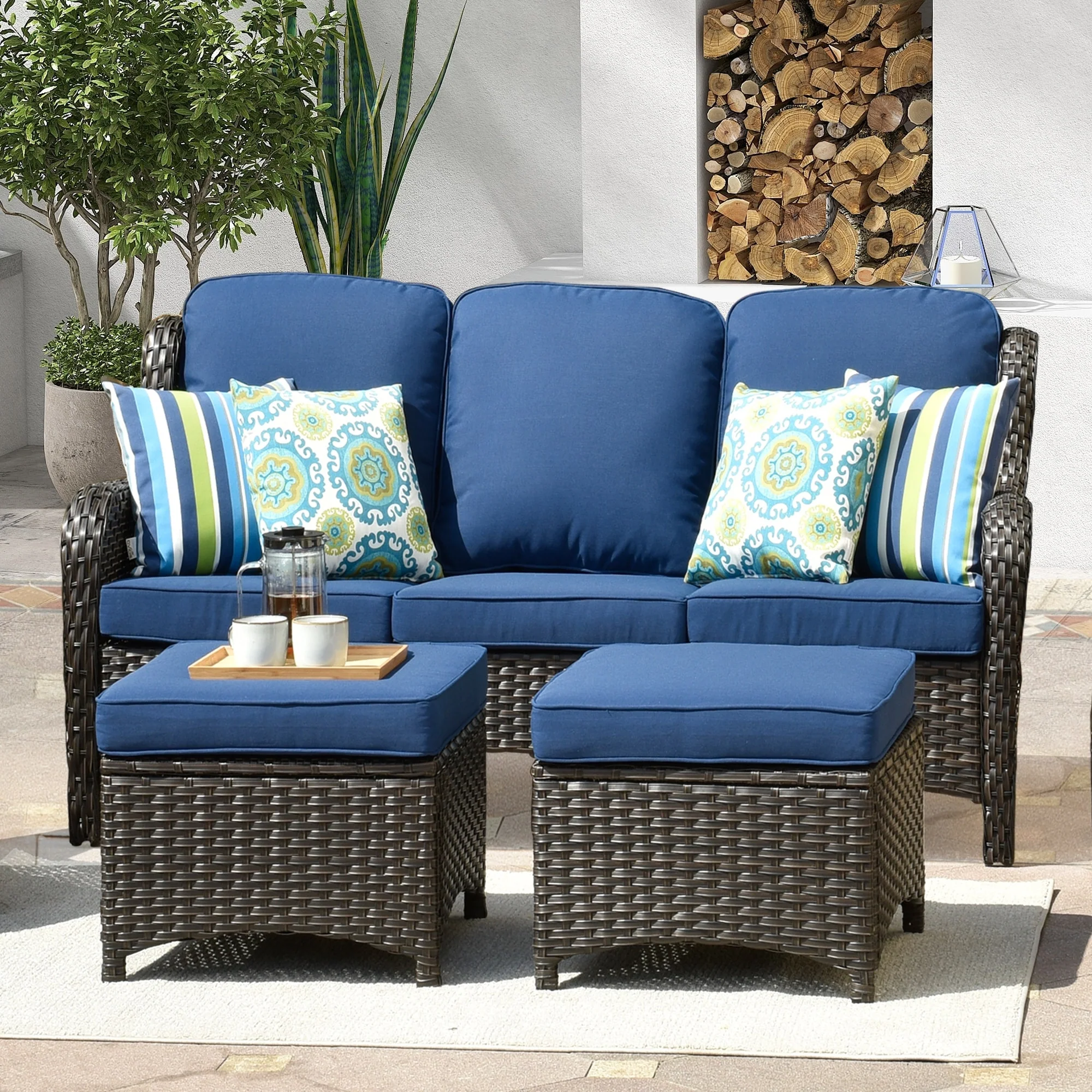 OVIOS 3-piece Patio Wicker Sofa with Ottomans
