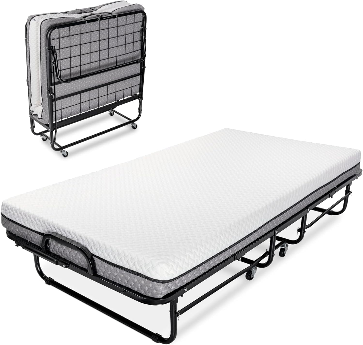 Milliard Deluxe Diplomat Folding Bed with Mattress for Adults, Twin Size, Portable Foldable Bed with Luxurious Memory Foam Mattress & Super Strong Frame, 75” x 38, Fold Up, Roll Away, & Hideaway