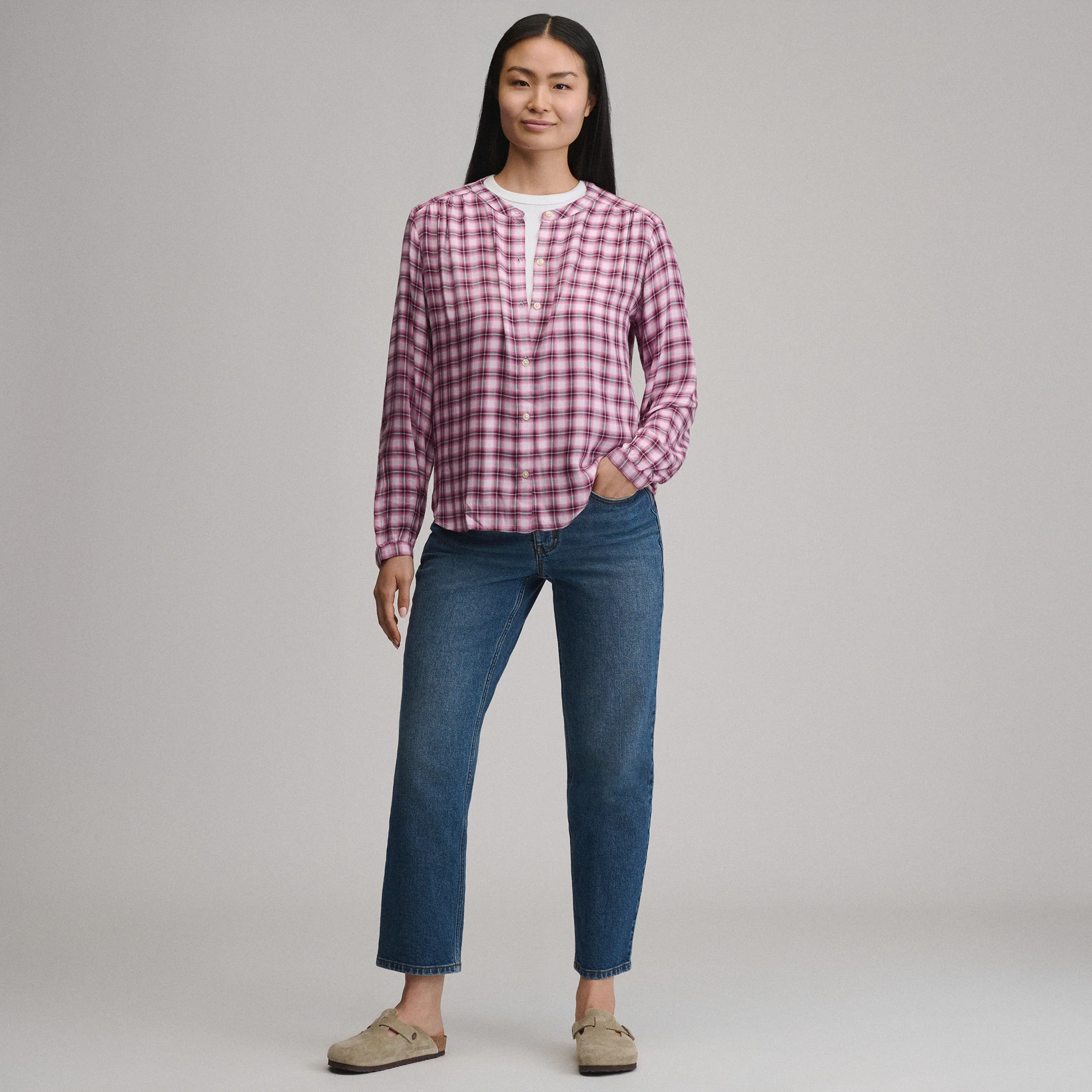 Women's Long-Sleeve Collarless Drapey Plaid Button-Down Shirt