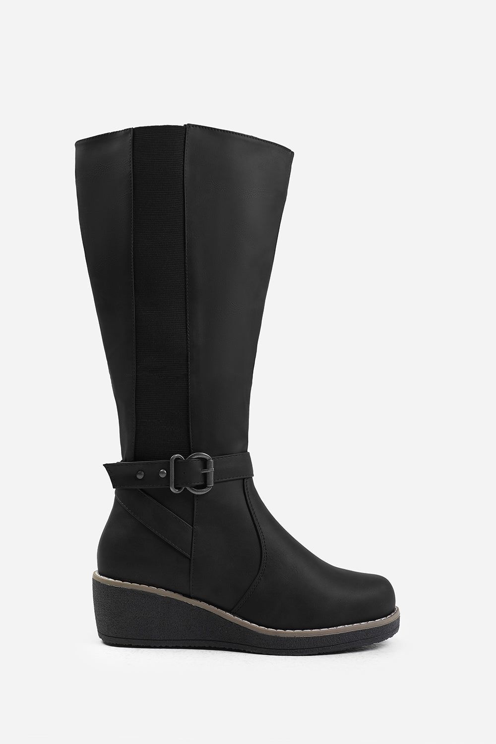 Where's That From Ayleen' Wide Calf Wedge Heel Knee High Boots With Elastic Panel