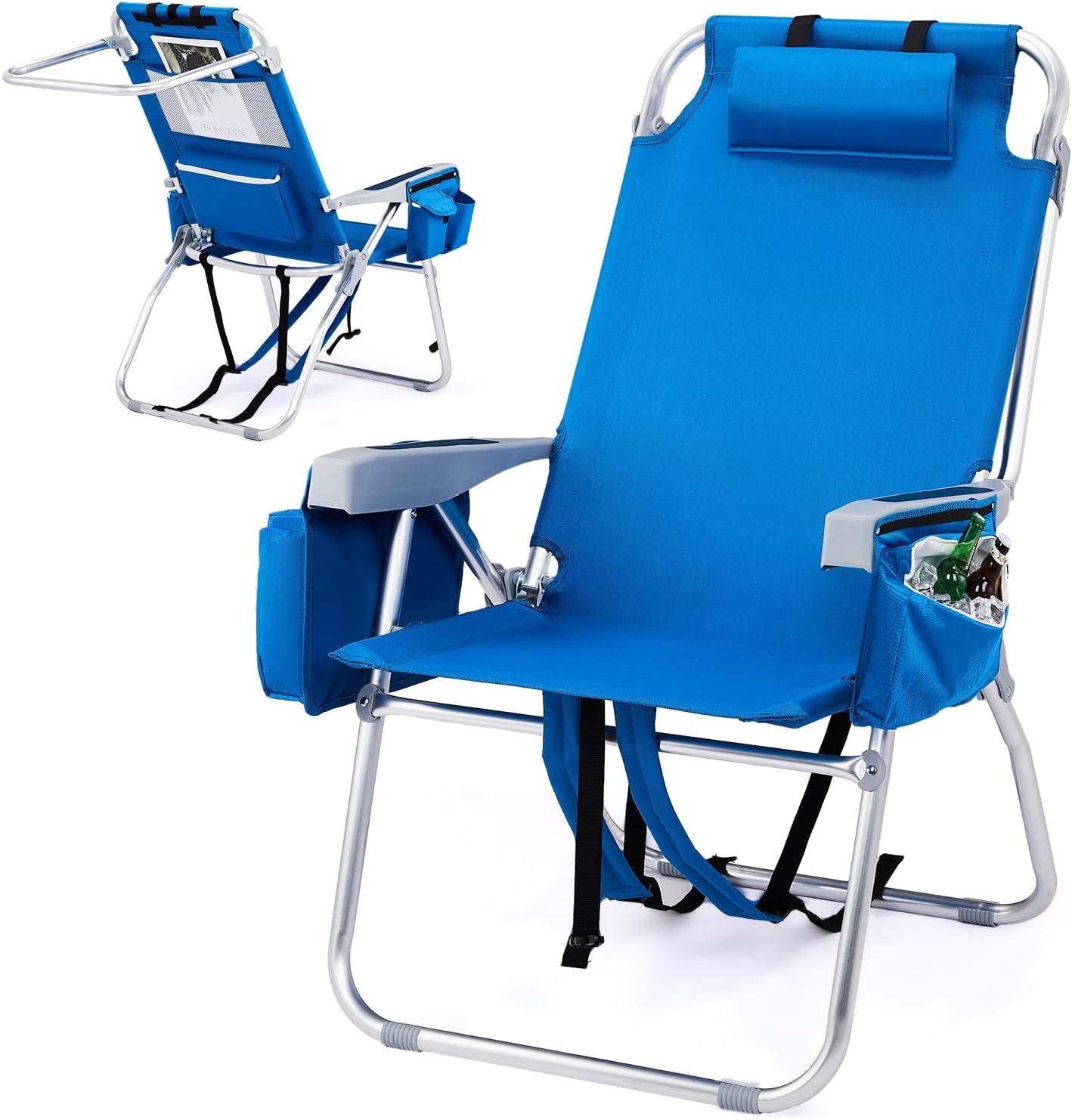 VINGLI Tall Beach Chair 1 Pack Lightweight, Backpack Beach Chair for Adults with 5-Position, Cooler Bag, Cup Holders, Towel Bar, Lightweight Folding Beach Camping Chairs Blue