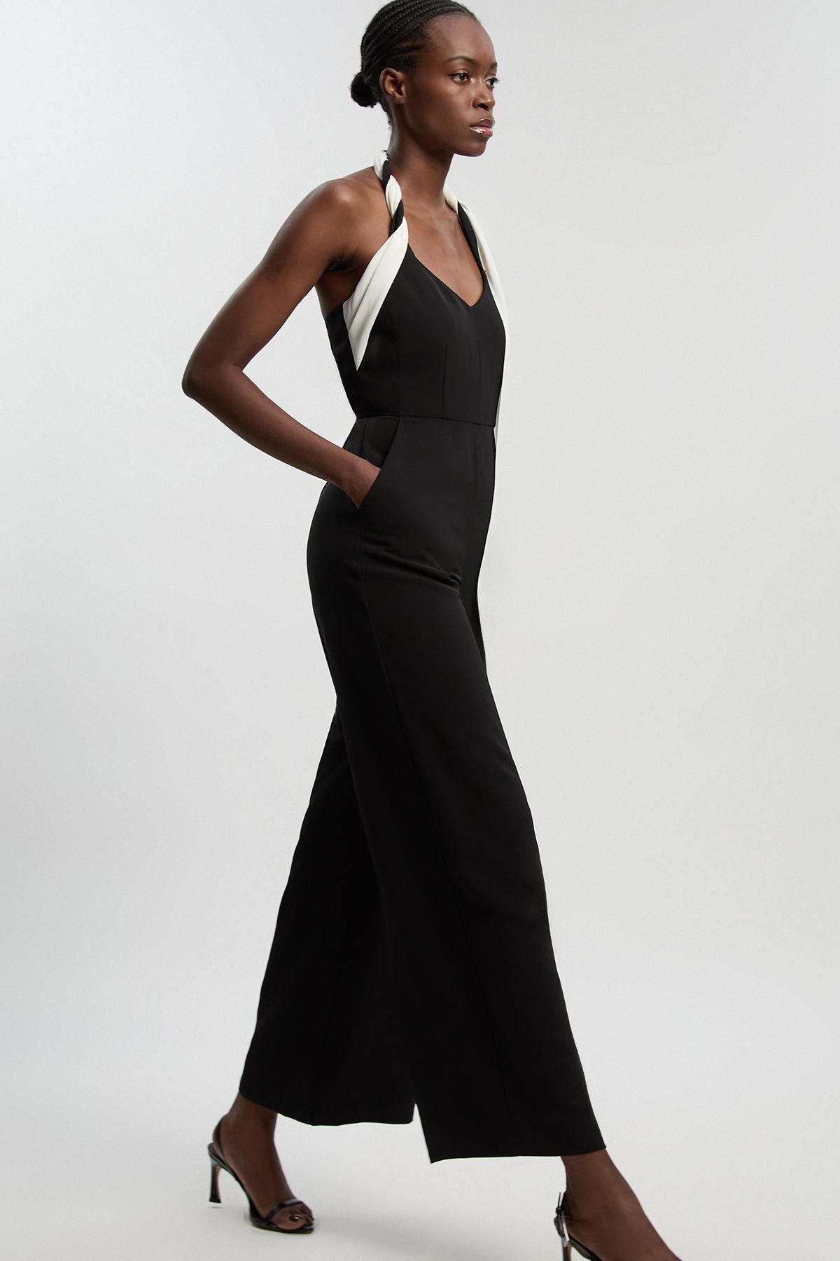 KarenMillen Petite Soft Tailored Colour Block Detail Halter Neck Jumpsuit