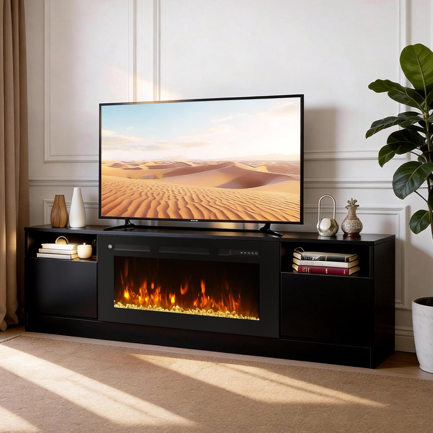 70 Fireplace TV Stand for TVs Up to 80,Entertainment Center with 36” Electric Fireplace and 12 Colors LED Lights,Large TV Console with Storage Cabinet for Living Room,All Black