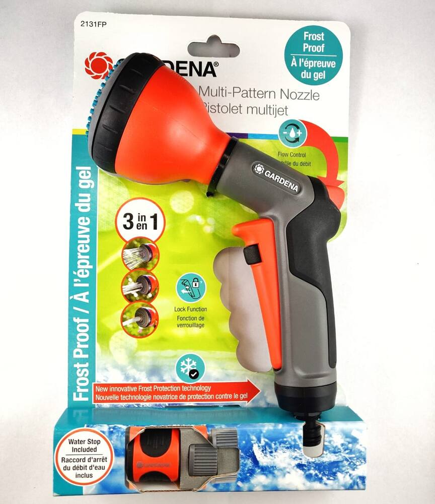 Gardena Frost-Proof 3-Pattern Front-Trigger Garden Water Hose Spray Nozzle, Water Stop