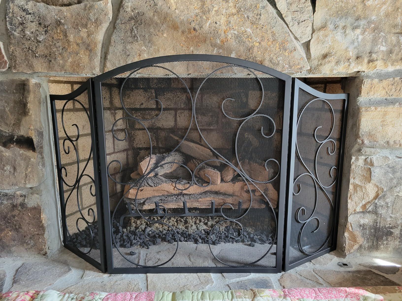 Wrought Iron 3-Panel Fireplace Screen, Black Powder-Coated Metal Guard