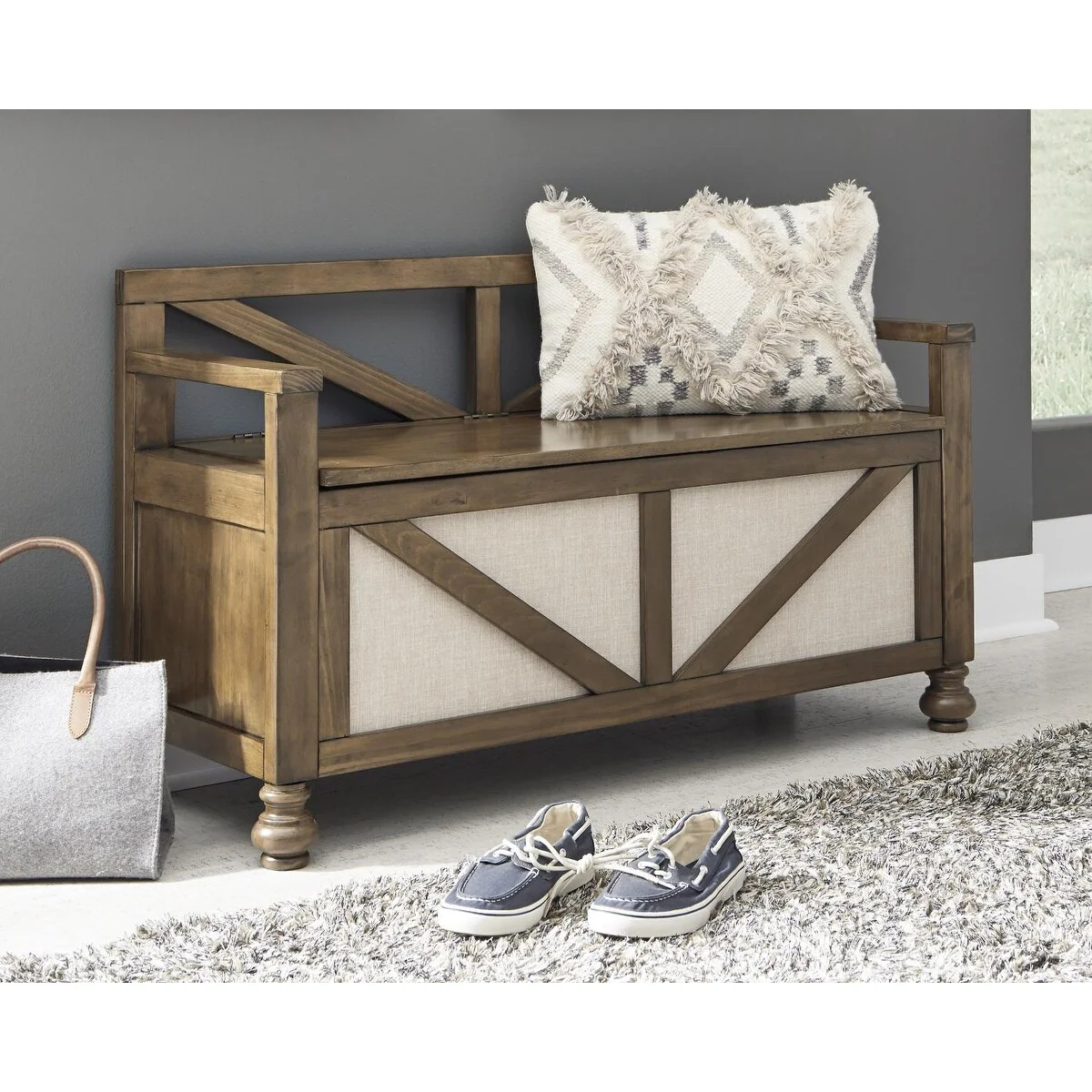 Brickwell Brown Wooden Farmhouse Hall Tree with Polyester Upholstered Storage Bench