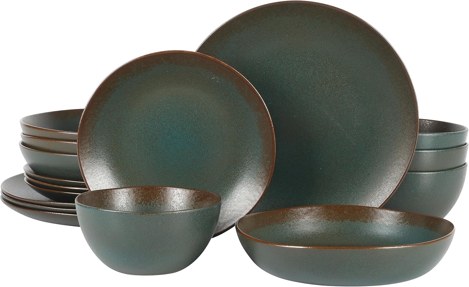 Bloomhouse - Two Time Oprah's Favorite Things Winner - Palermo Sun Double Bowl Stoneware Reactive Glaze Plates and Bowls Dinnerware Set - Agave Blue, Service for Four (16pcs)