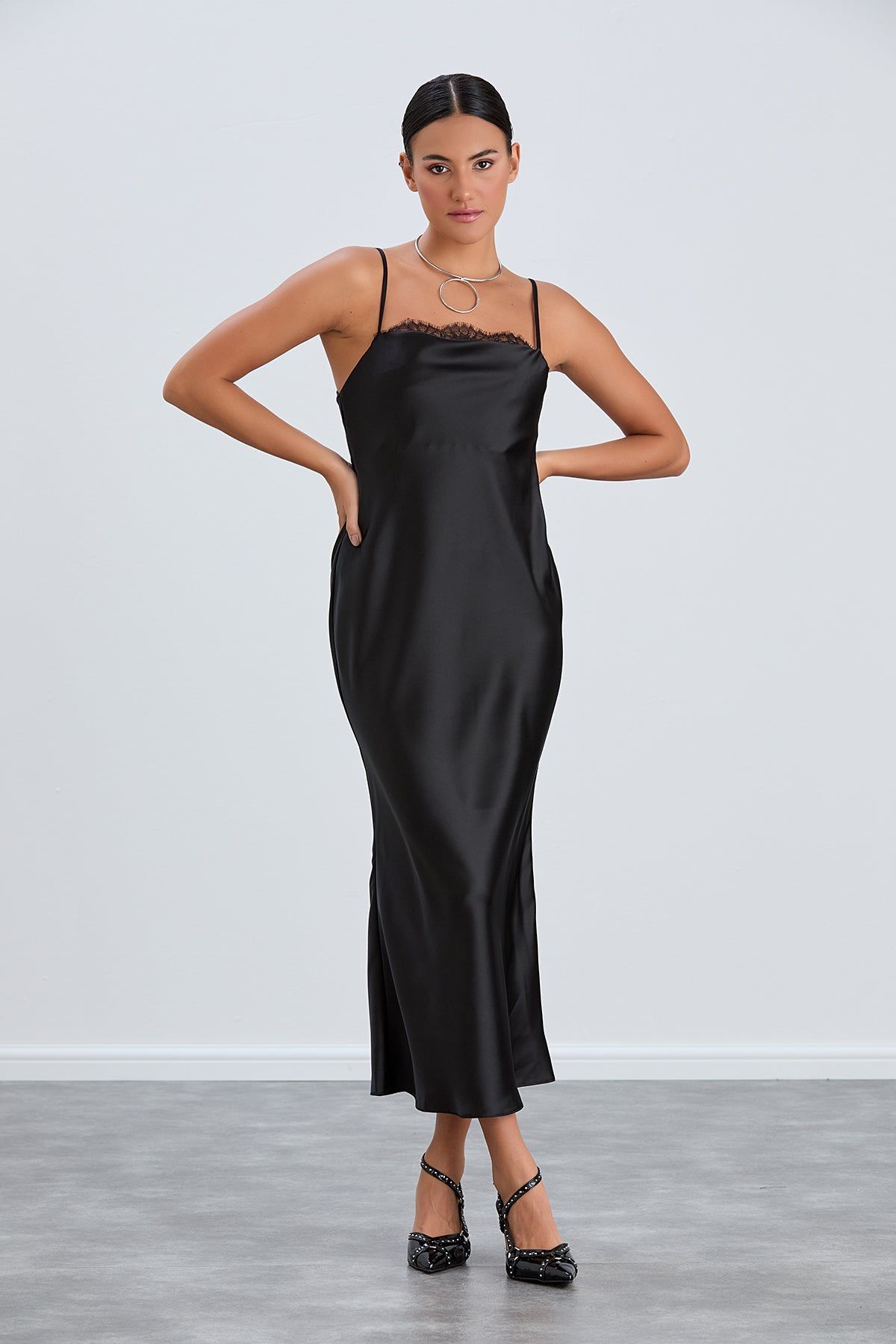 Belissh Satin Cami Dress with Delicate Lace