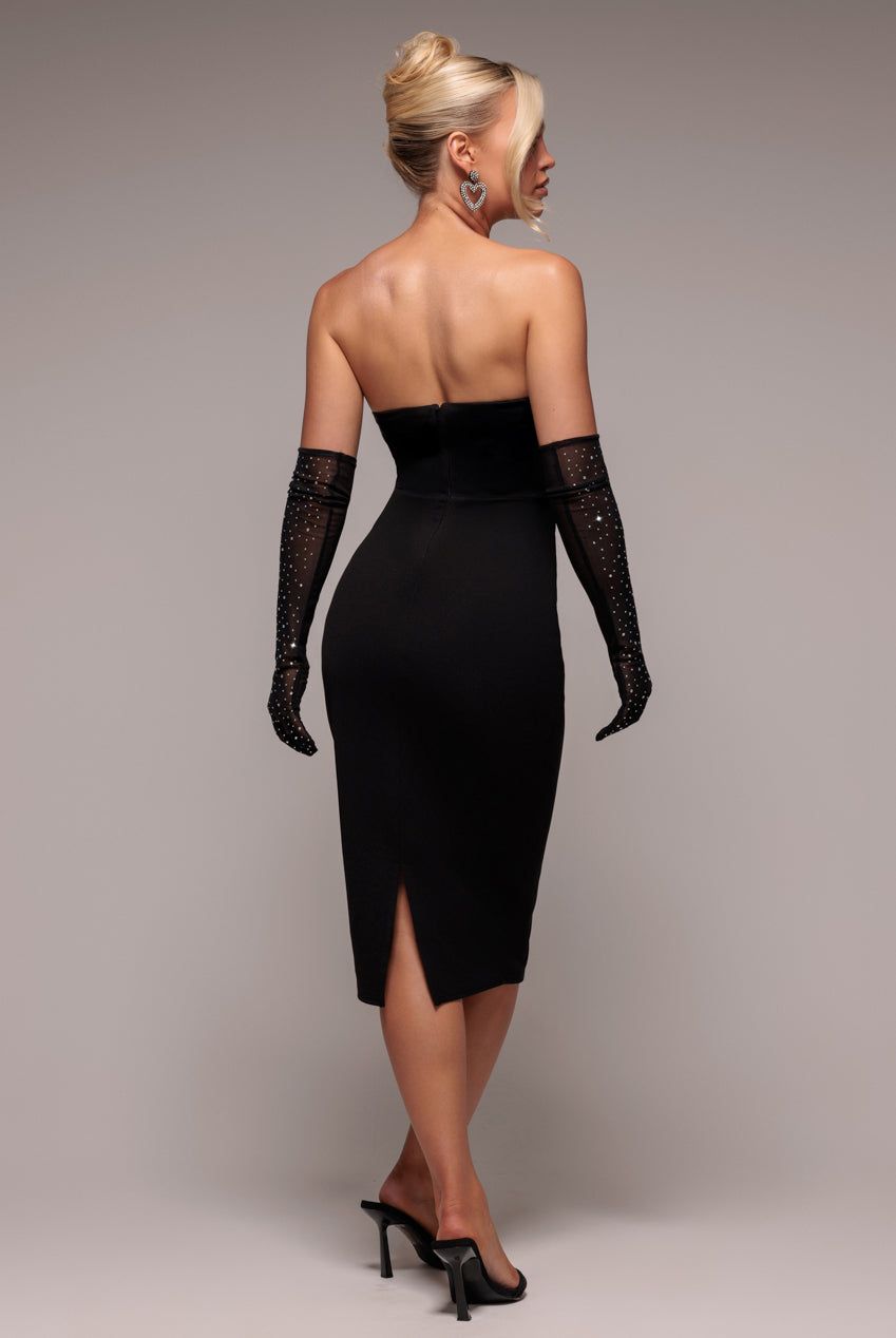 Goddiva Strapless Super Plunge Diamante Neck Midi Dress