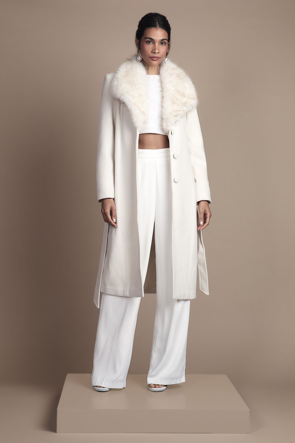 Coast Ivory Faux Fur Collar Occasion Belted Midi Coat