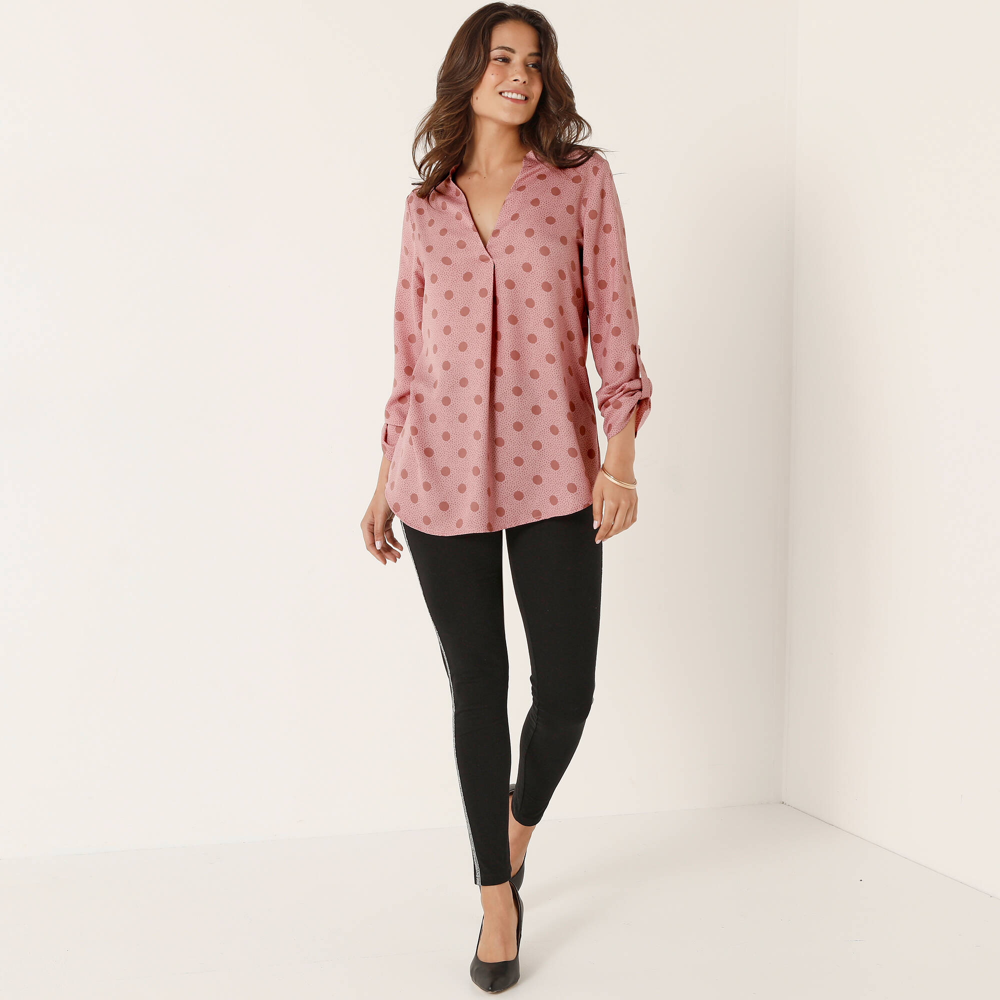 Blouse col tunisien imprimé pois, cr&ecirc;pe