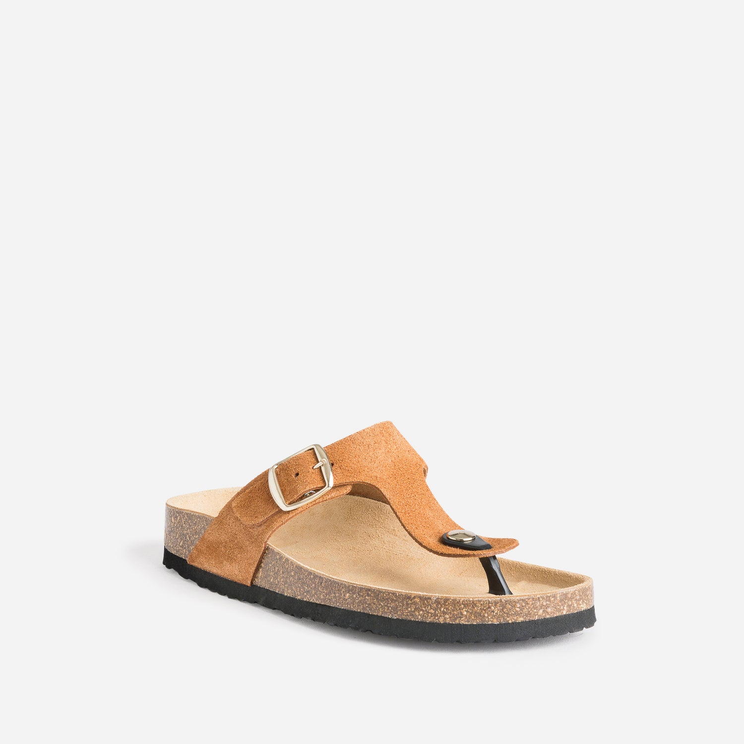 Mule-tong anatomique camel foncé en cuir velours éco-conçu