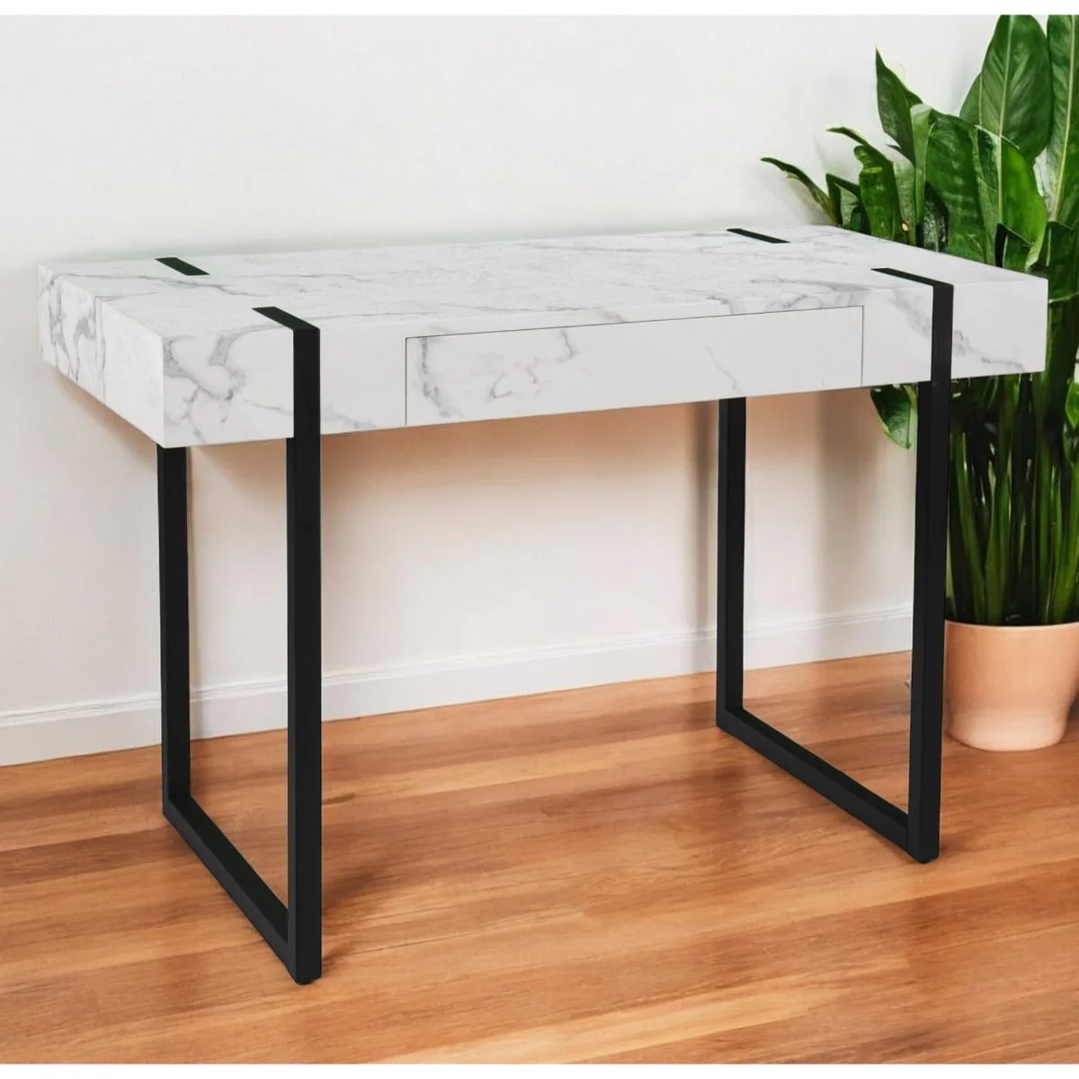 White Wood Black Metal Writing Desk with Soft-Close Drawer and Rectangular