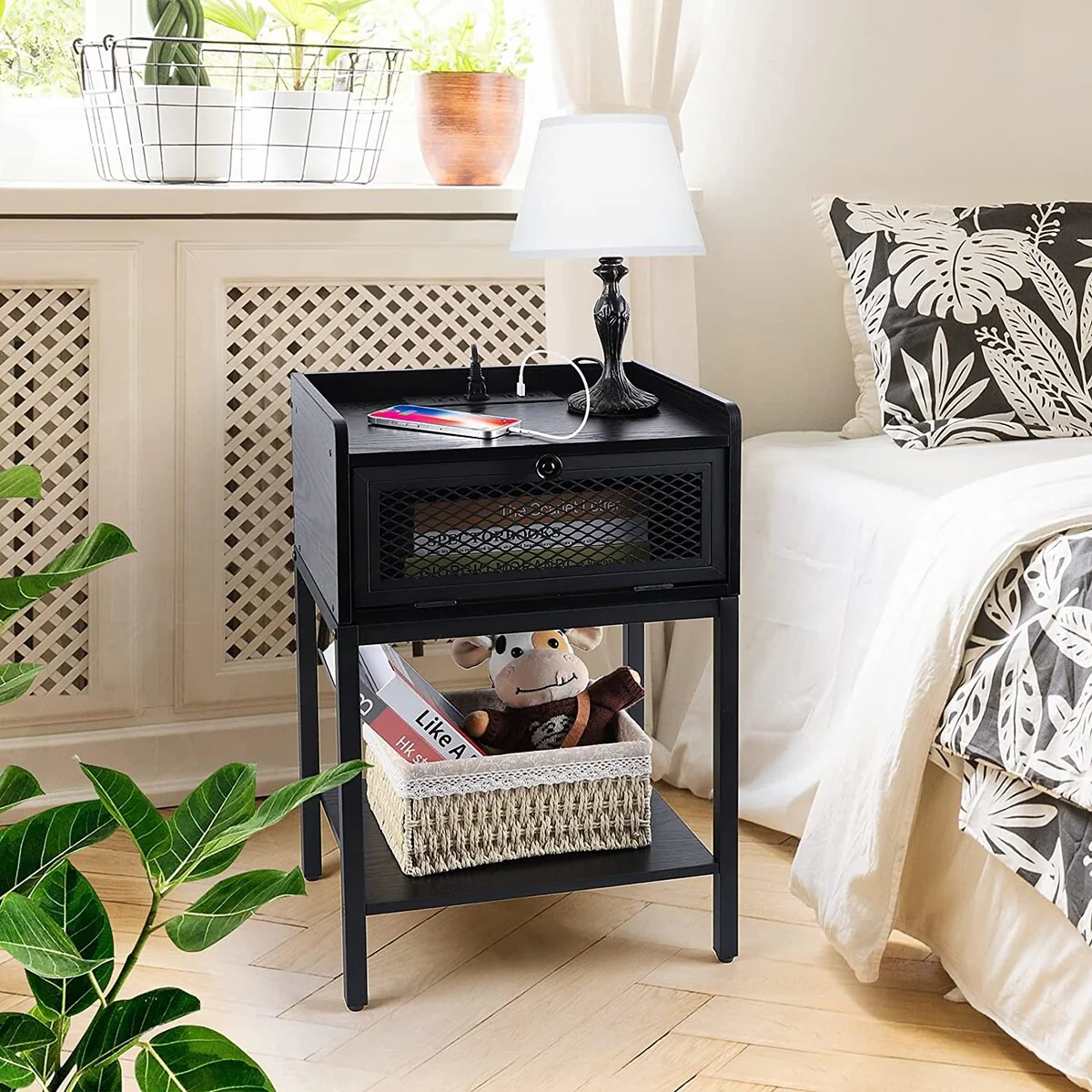 Black Nightstand with Charging Station