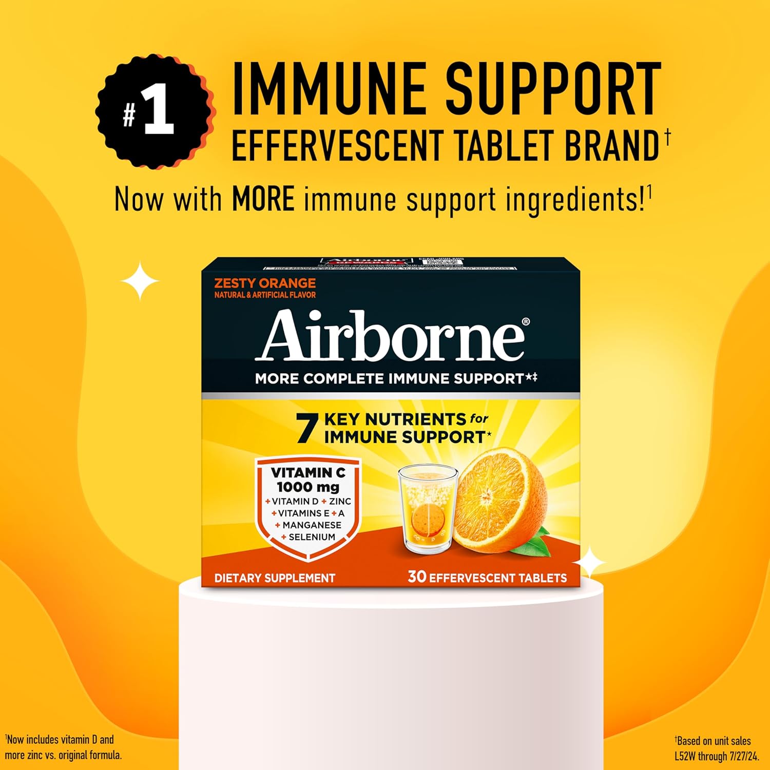 Airborne 1000mg Vitamin C + Zinc Sugar Free Multivitamin Immune Support Effervescent Fizzy Drink Tablets, Zesty Orange Flavor with Powerful Antioxidants Vitamins A C & E, 30 Tablets