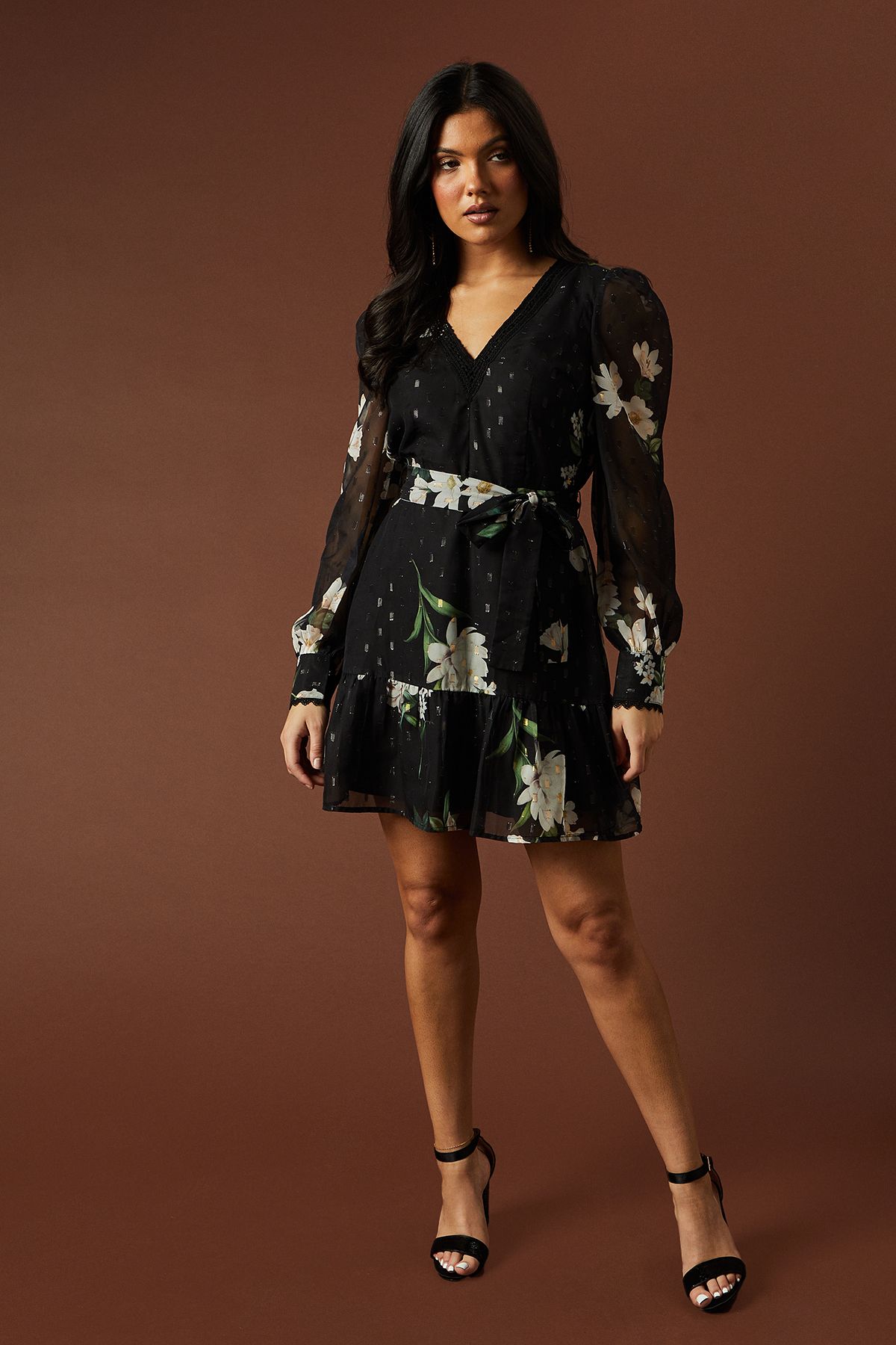 Oasis Occasion Printed Metallic V Neck Belted Ruffle Mini Dress