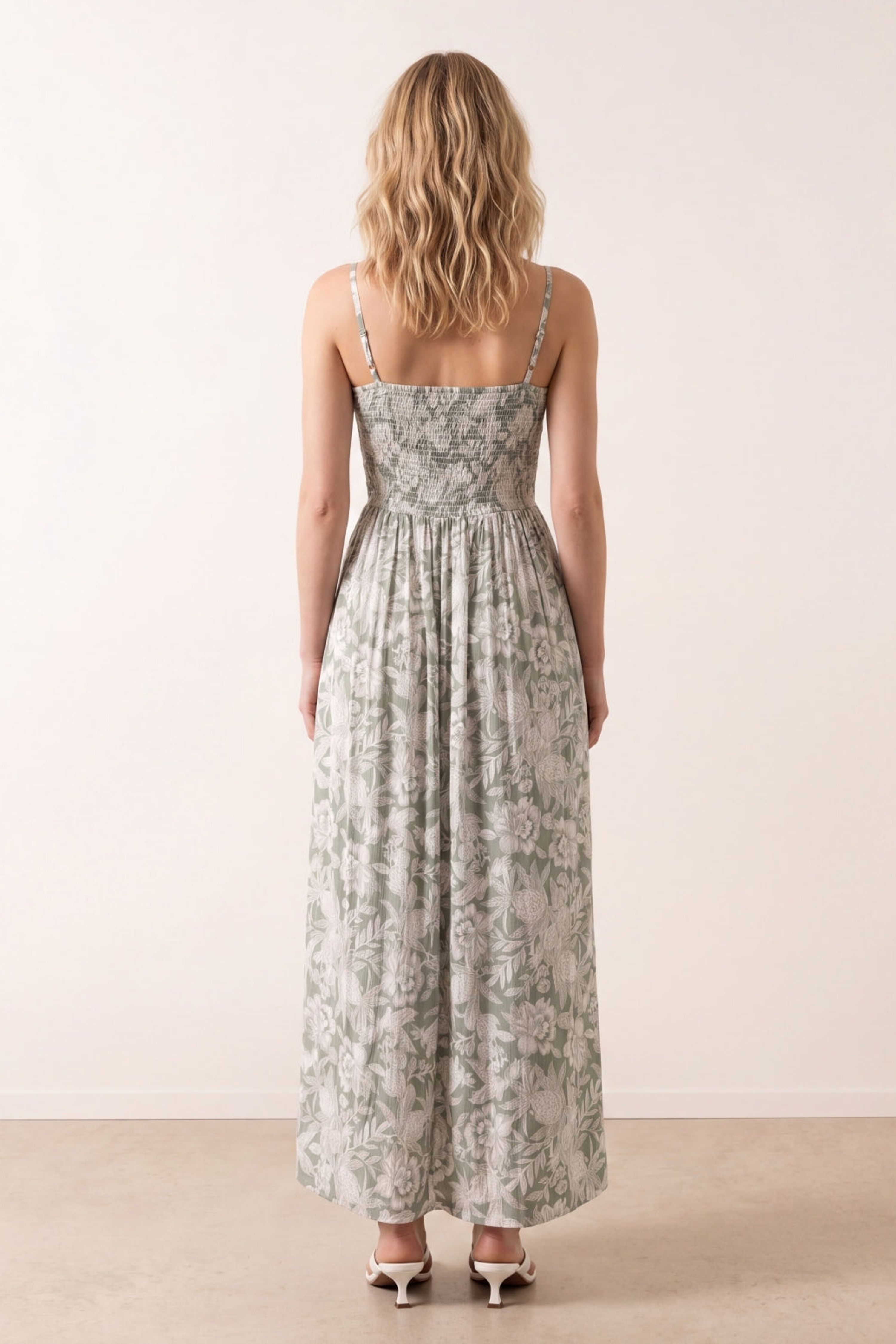 Blue Vanilla Pale Green Crinkle Shirred Strappy Jumpsuit