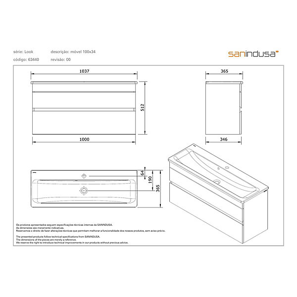 Meuble salle de bains suspendu 100x36 SANINDUSA Look slow close blanc (vasque Look en option non inclus)