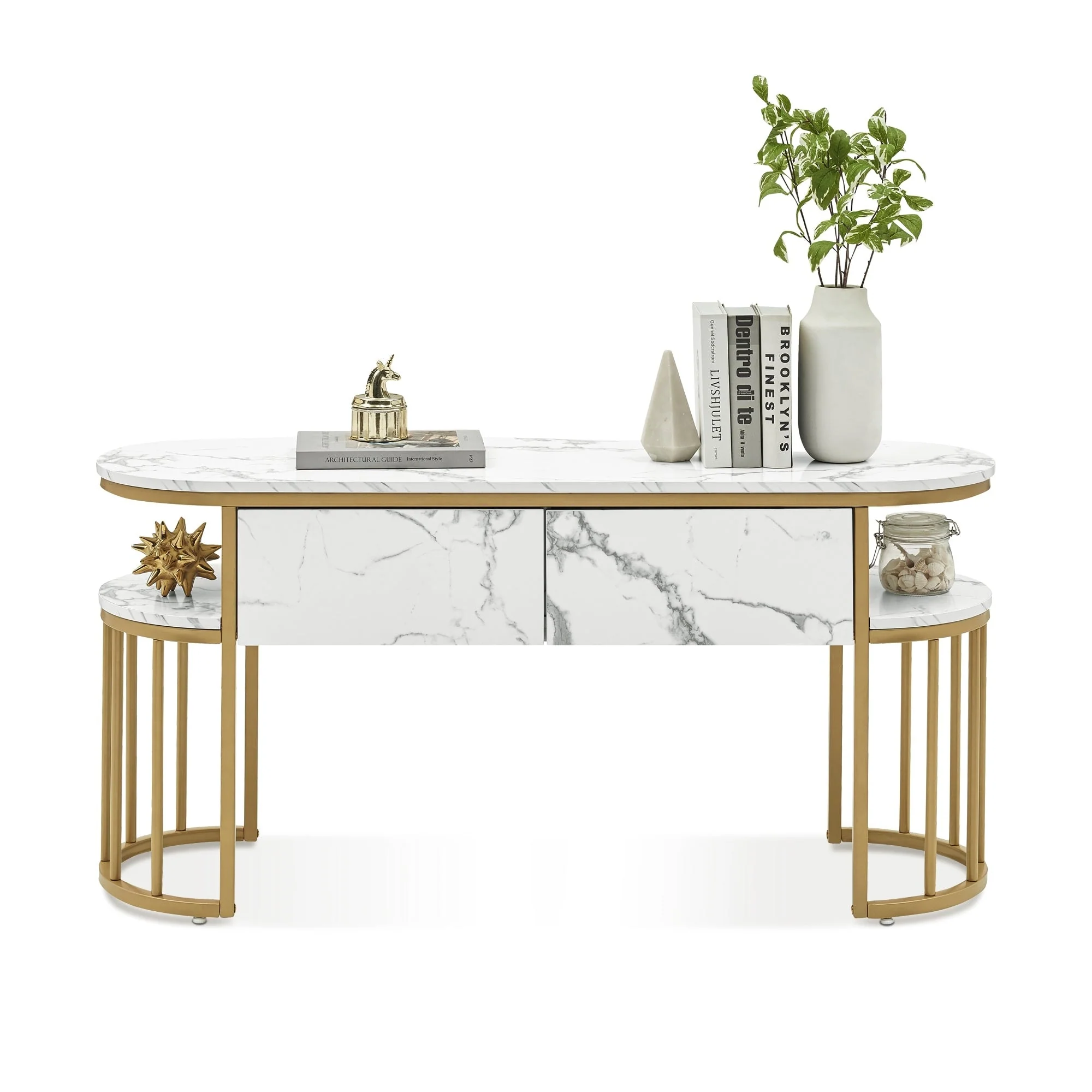 Ivinta White Sofa Table, Modern Faux Marble Top, Console Table with Gold Metal Frame
