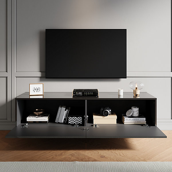 Meuble TV SIRHONA Grand Rangement Moderne Sans Poignées  2 Portes   Noir  140 cm