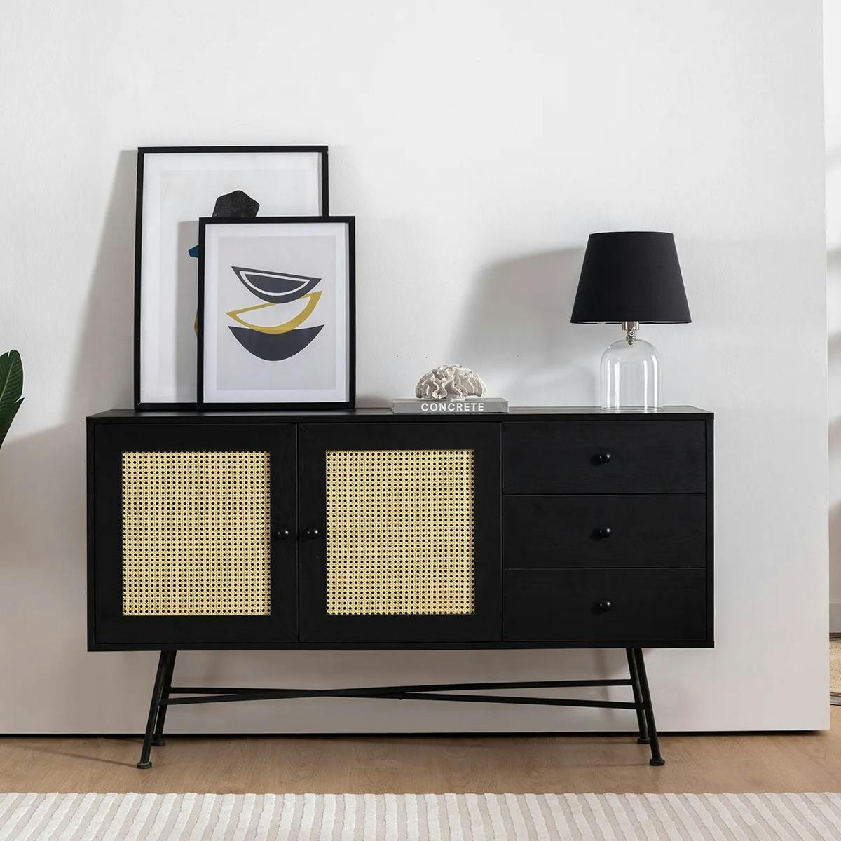 Buffet noir bohème avec cannage, 2 portes 3 tiroirs VAREN