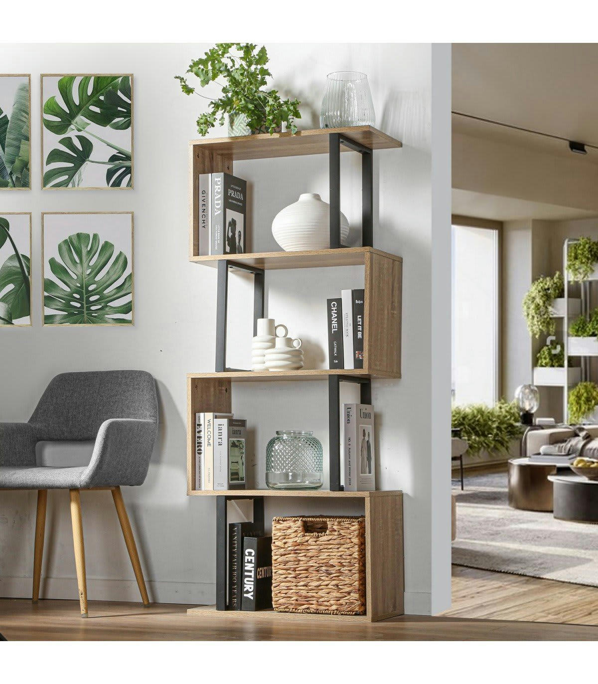 - Étagère 4 Niveaux décor bois avec montants métal