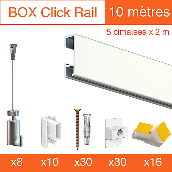 Cimaise Box Artiteq Click PREMIUM - Kit accrochage tableau 4 mètres , Blanc laqué
