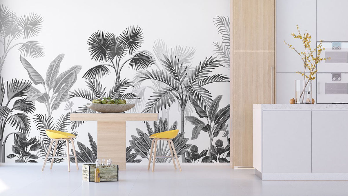 Sanders & Sanders fotobehang tropisch landschap met palmbomen zwart wit - 360 x 254 cm - 601161