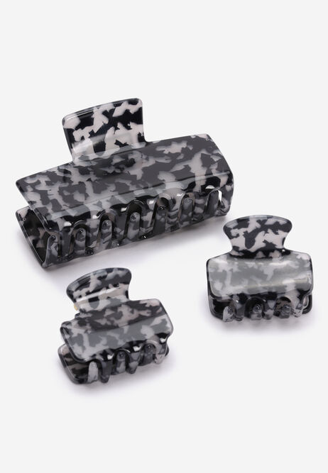Womens 3pk Grey Animal Print Claw Hair Clips