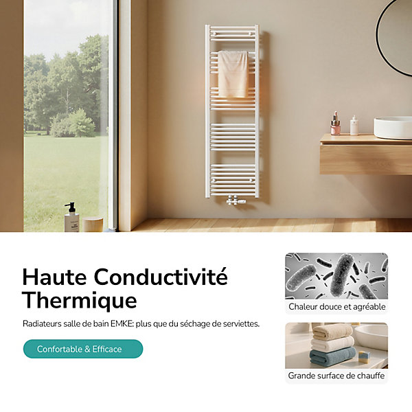 EMKE Sèche-serviette eau chaude, Radiateur sèche-serviettes raccordement central Blanc 100x60cm 498Watts