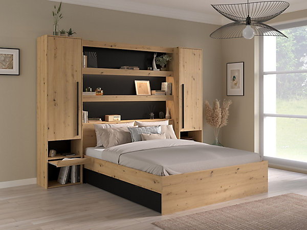 Lit pont 140 x 190/200 cm avec rangements - Avec LEDs - Coloris : Naturel et noir - VARLY