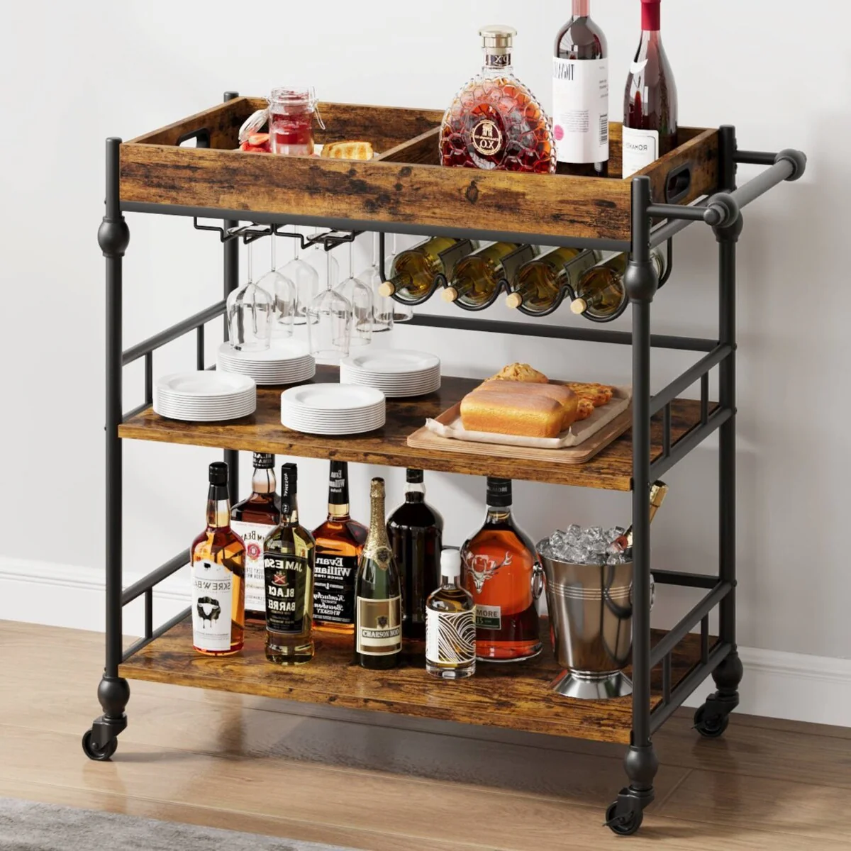 3 Tier Rolling Serving Bar Cart with Removable Tray - N/A
