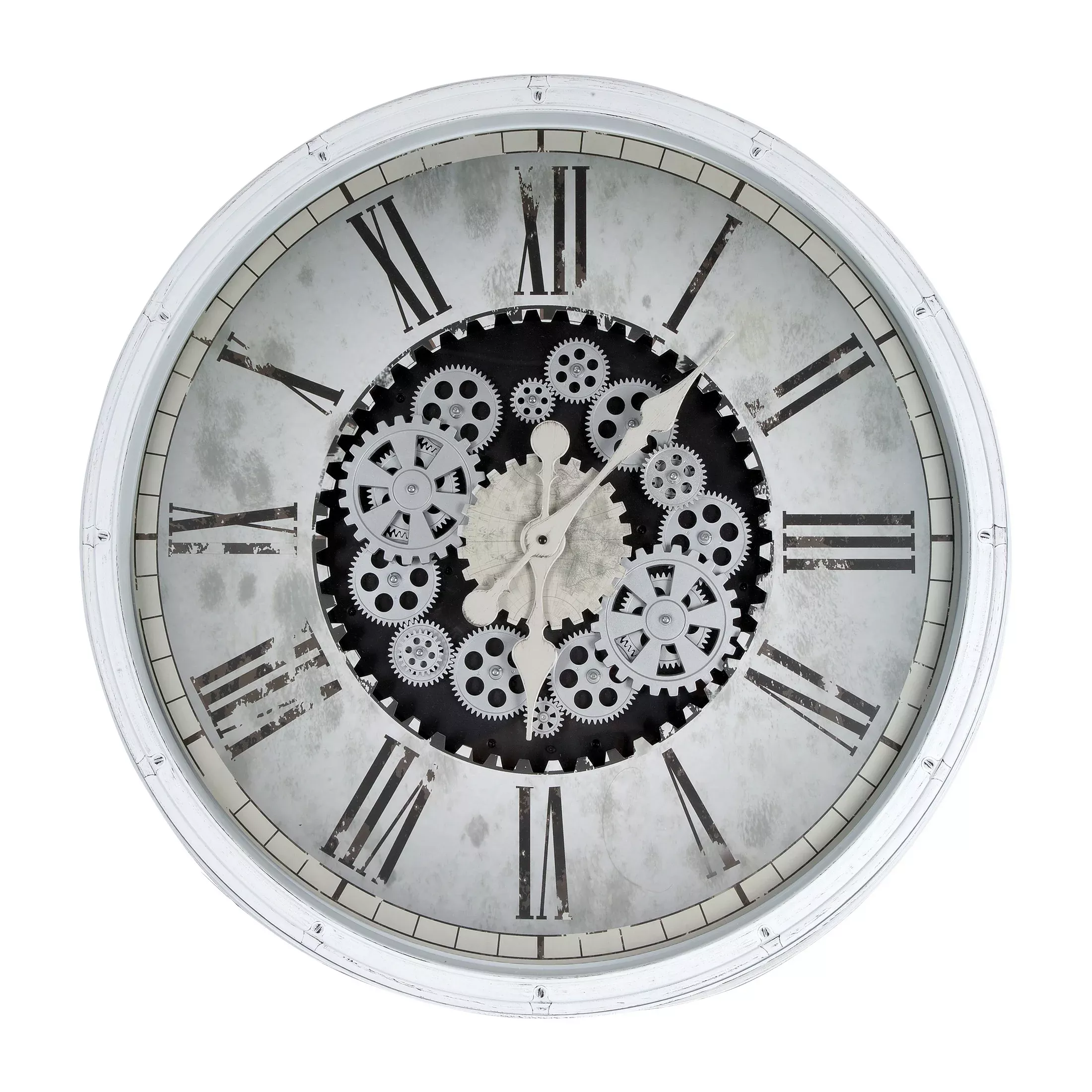 Zegar ścienny biało-czarny w stylu retro z ruchomymi kołami zębatymi średnica 72x8 cm