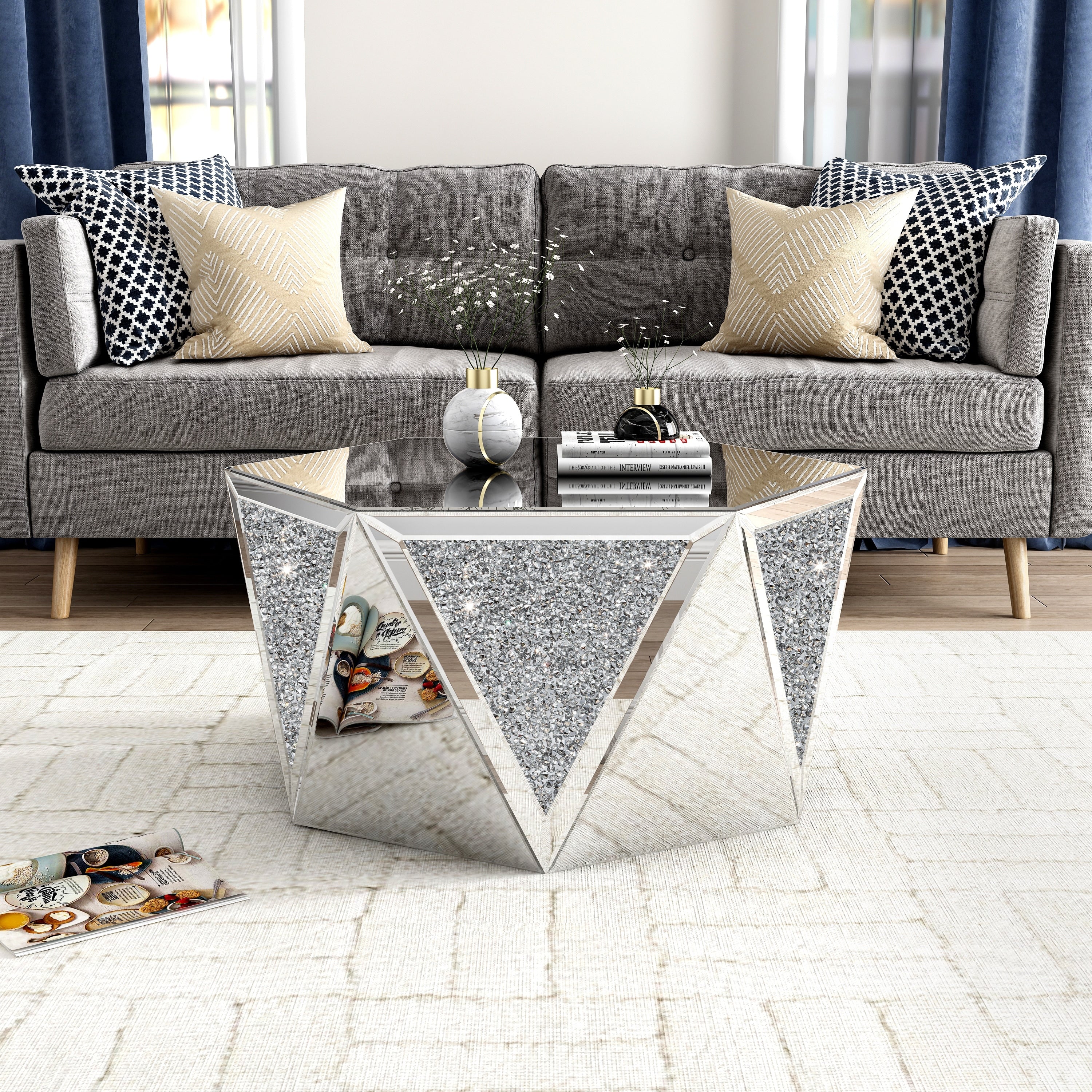 Mirrored Coffee Table Crystal Diamond Accent Table