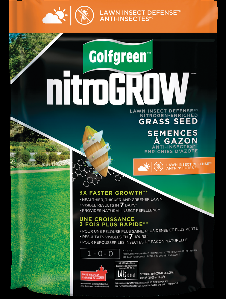 Golfgreen NitroGROW Sun & Shade Lawn Insect Defense Grass Seed & Fertilizer, 1-0-0, 1.5-kg