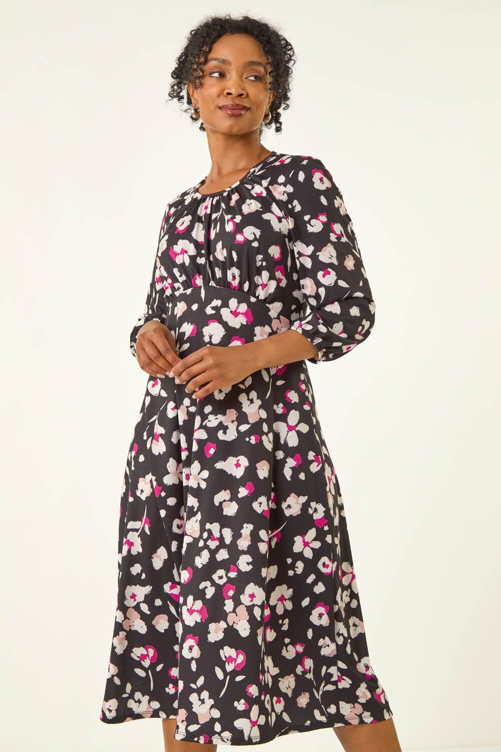Roman Petite Floral Gathered Midi Dress