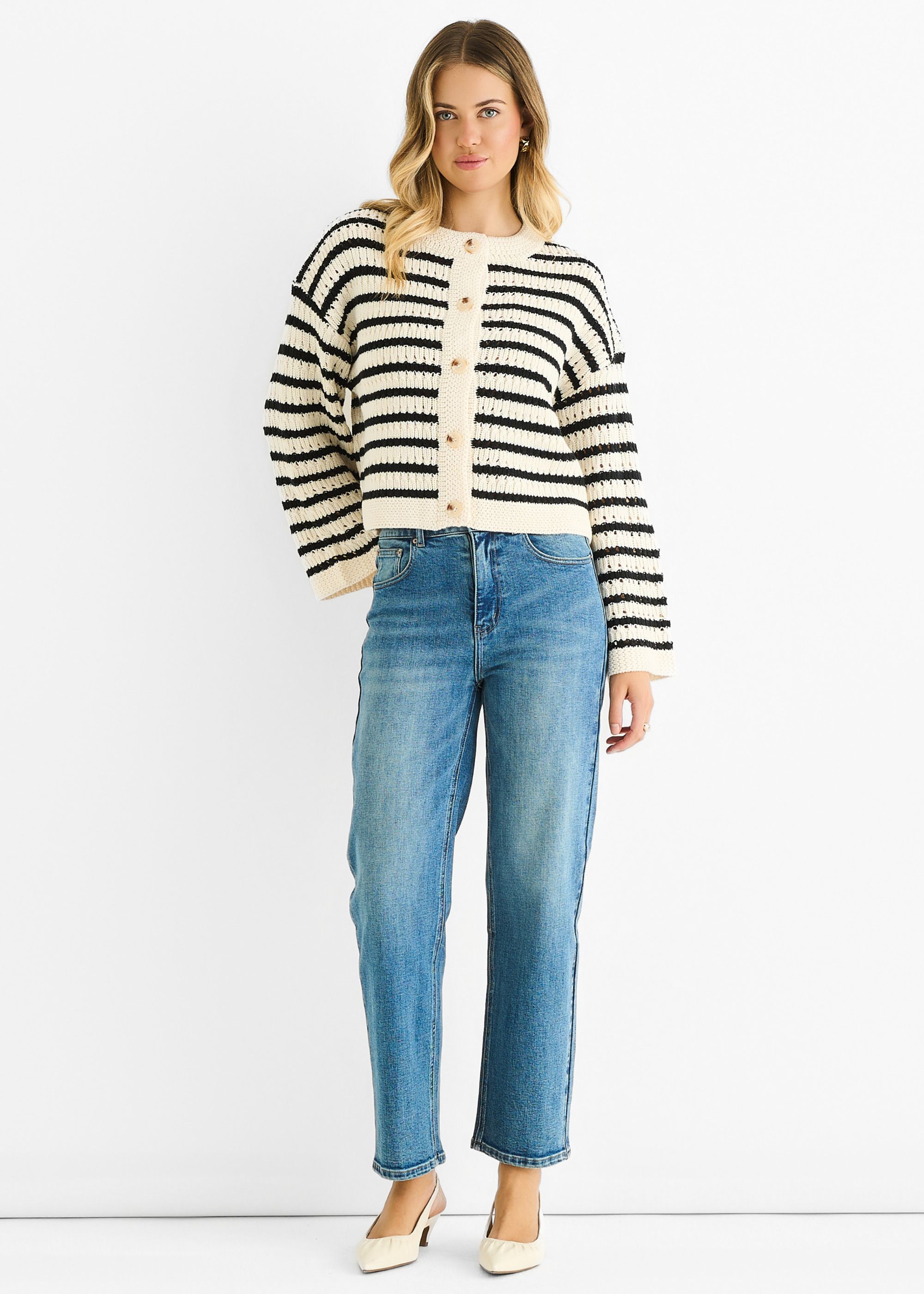 Gini London Cream Stripe Cable Knit Crop Cardigan